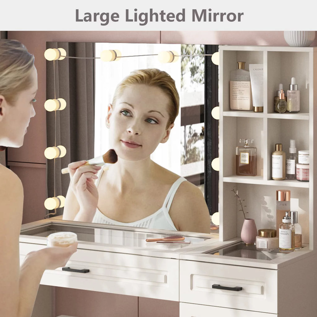 White 45in Vanity Desk Set with Lighted Mirror and Glass Desktop J50038