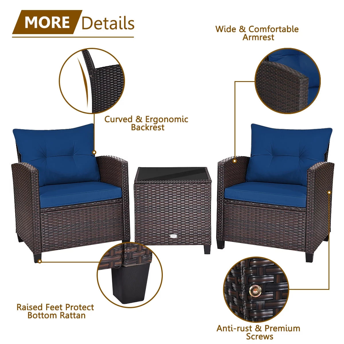 3 Pieces Wicker Cushioned Conversation Set with Turquoise Cushions X76580