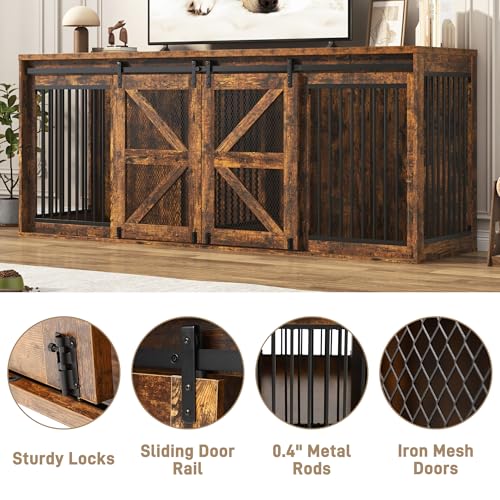 Black Wooden Dog Crate TV Stand with Sliding Metal Mesh Barn Door D798321