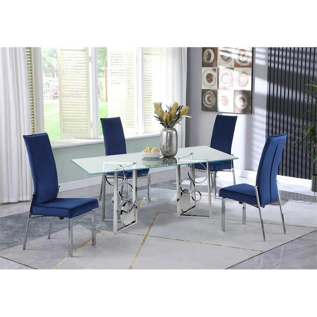 Dining Set with Glass Top Table & 4 Blue Chairs J53874