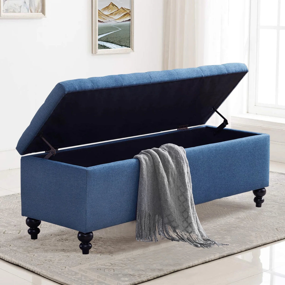 50.2" Blue Upholstered Storage Ottoman with Safety Hinge D3707