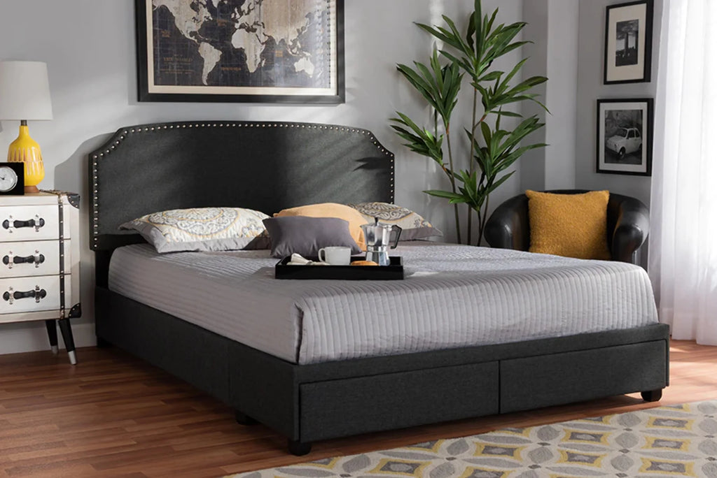 Dark Grey Fabric Upholstered 2-Drawer Queen Size Platform Storage Bed K237