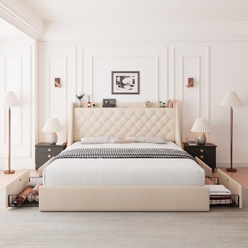 Light Grey Upholstered Full Size Bed Frame with 4 Storage Drawers R1073