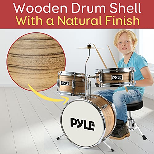 3-Piece Kids Junior Metallic Striped Yellow Drum Set with Throne, Cymbal, Pedal, Bass Drum, Tom and Drumsticks H860