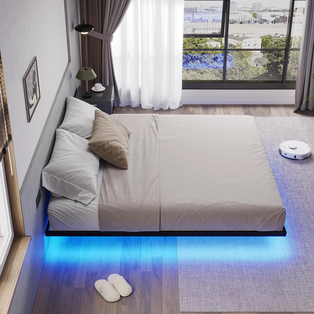 Queen Size Black Metal Platform Bed Frame with LED Lights Q4750