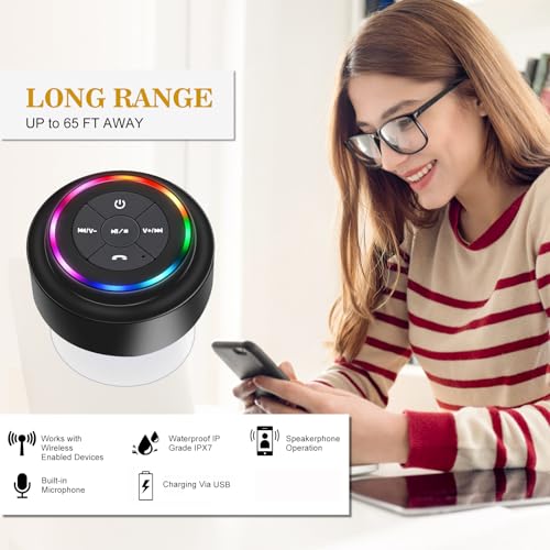 Bluetooth Shower Speaker with Suction Cup, IP67 Waterproof Speaker with LED Light B140077