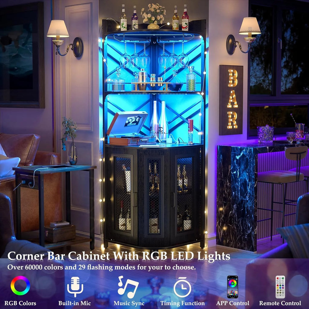 Black Corner Bar Cabinet with Power Outlet N29300