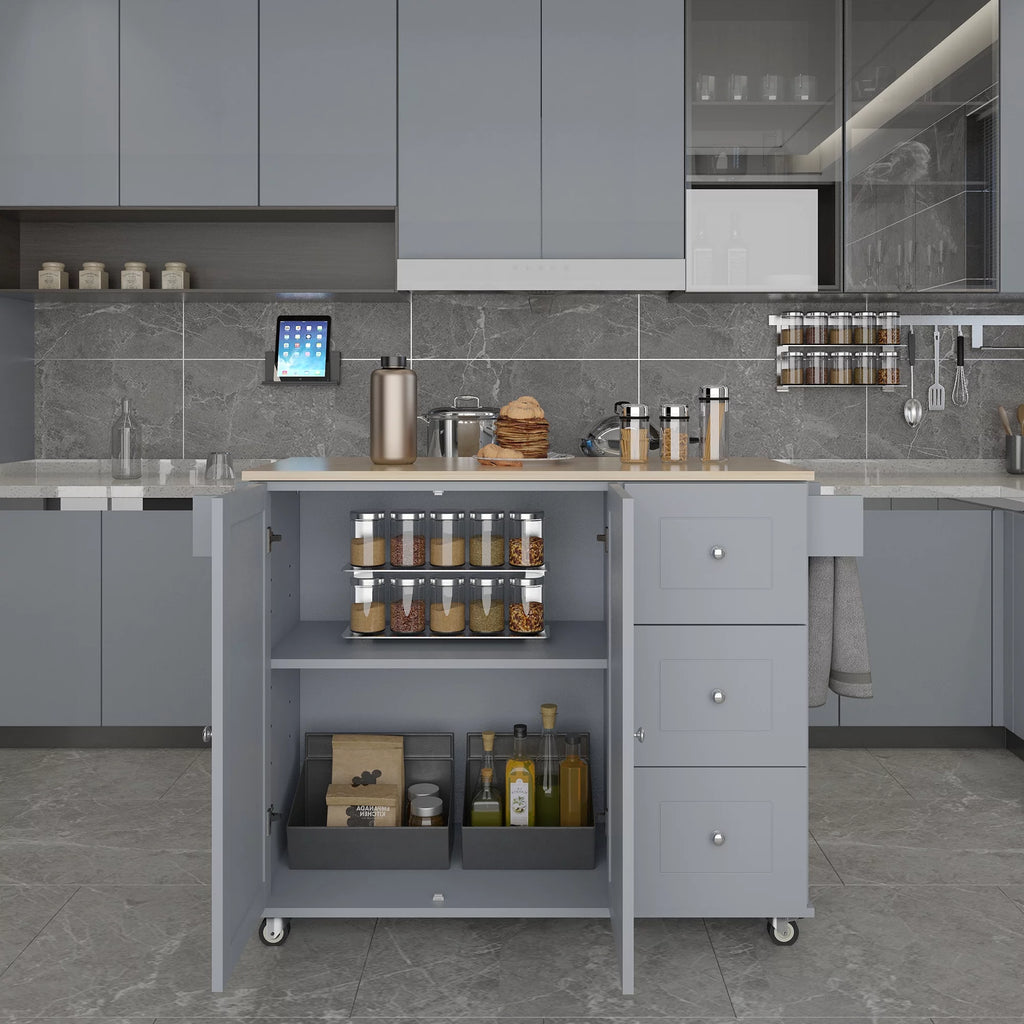 Rolling Mobile Kitchen Island with Storage Cabinet and Drop Breakfast Bar C393