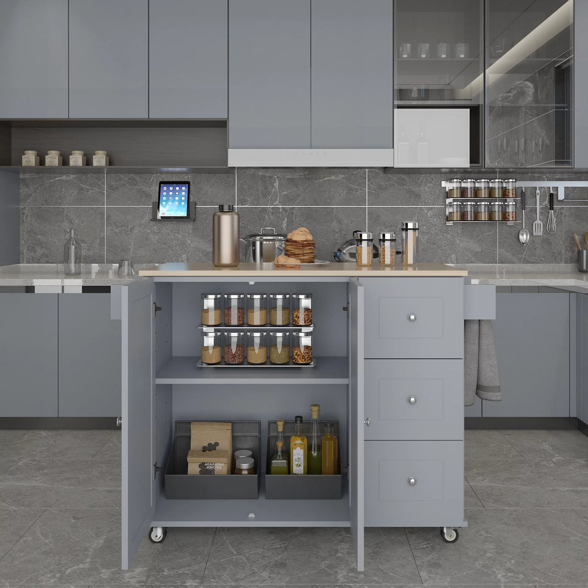 Rolling Mobile Kitchen Island with Storage Cabinet and Drop Breakfast Bar C393