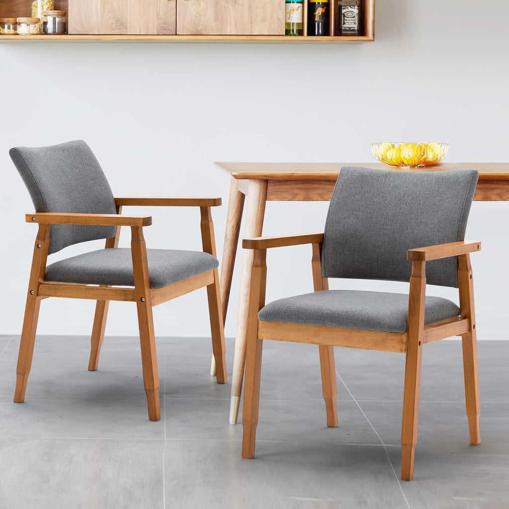 Set of 2 Walnut Wood Dining Chairs Grey Fabric P8092