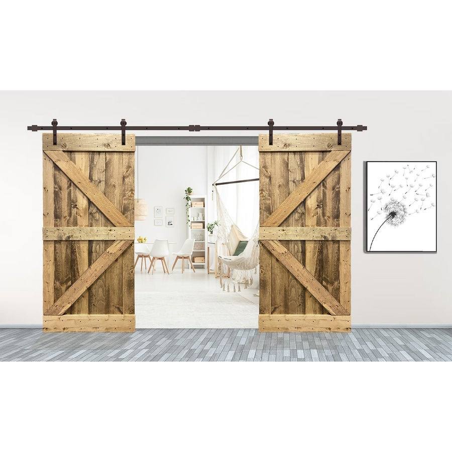 84 in. x 84 in. Oak Stained Knotty Pine Wood Interior Double Sliding Barn Door with Hardware Kit M942586