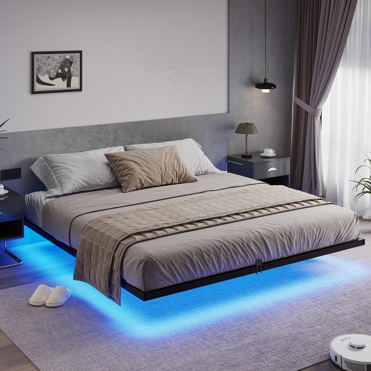 Queen Size Black Metal Platform Bed Frame with LED Lights Q4750