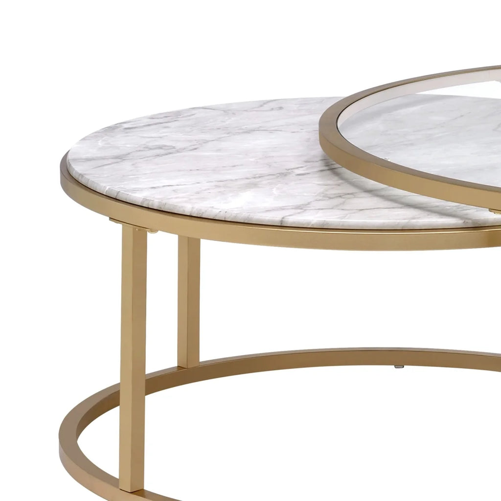 Metal Framed Nesting Coffee Tables with Glass and Marble Tops Set of Two Gold P406