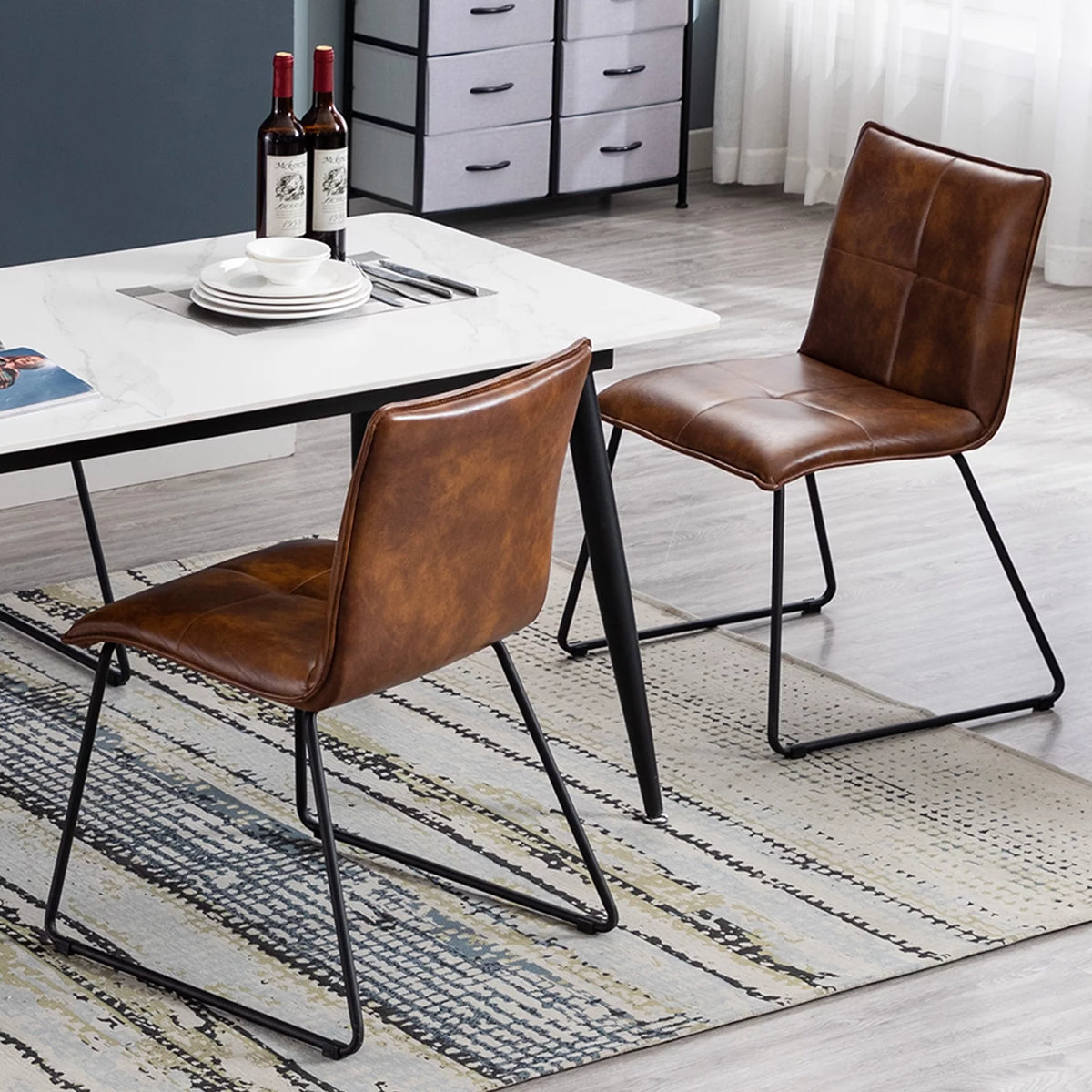 Brown Faux Leather Dining Chairs Set of 2 with Metal Legs U40504