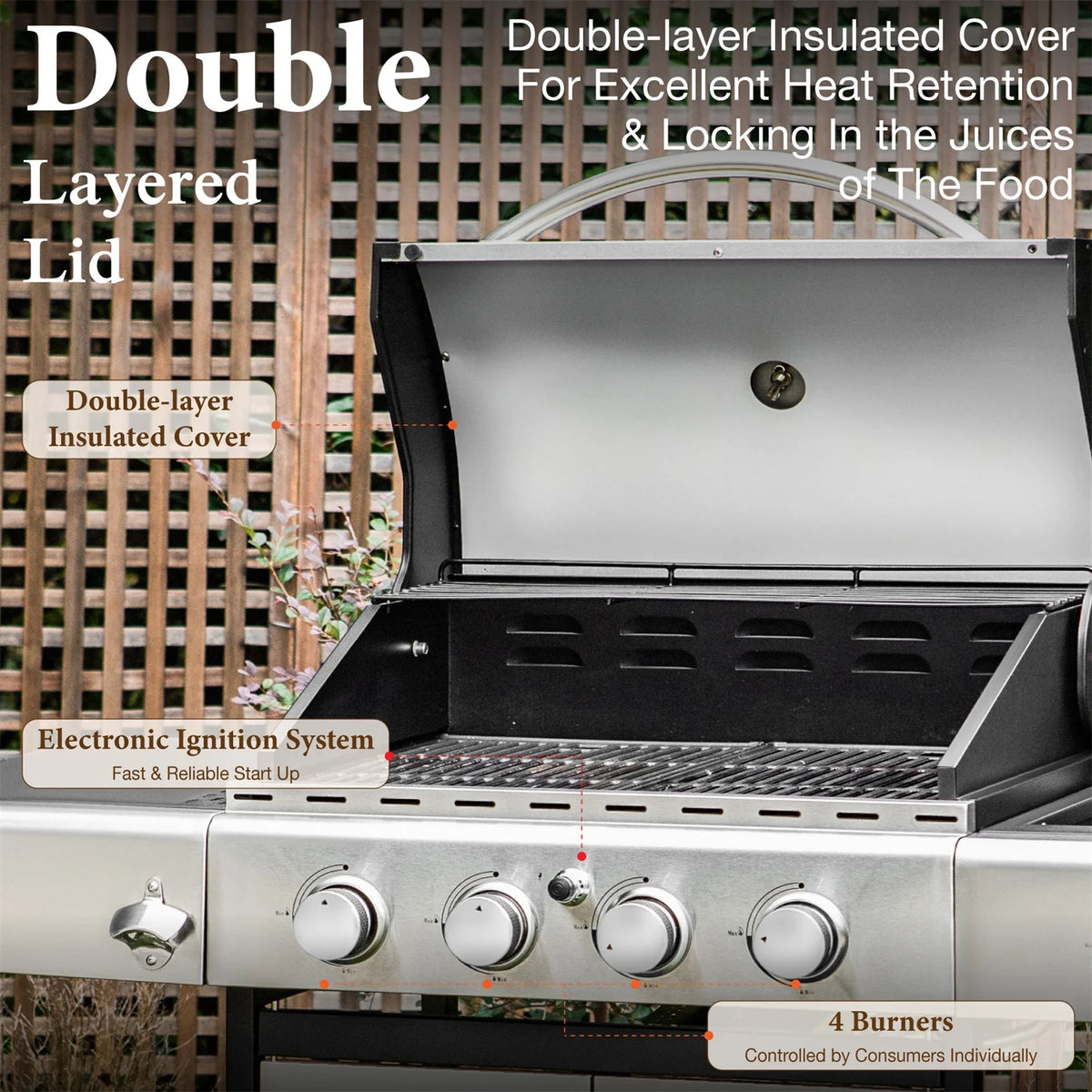 4 Burner Propane Gas Grill with Side Burner Stainless Steel W957294