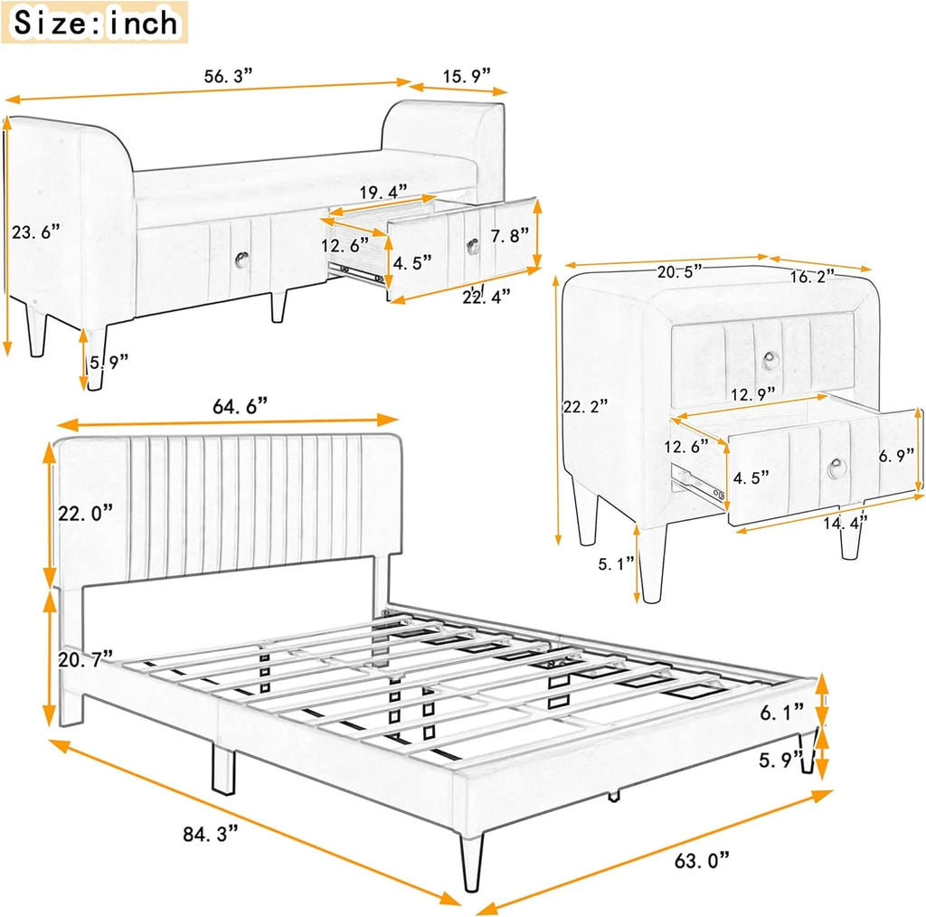 Queen Size Upholstered Platform Bed with Storage Bench A900