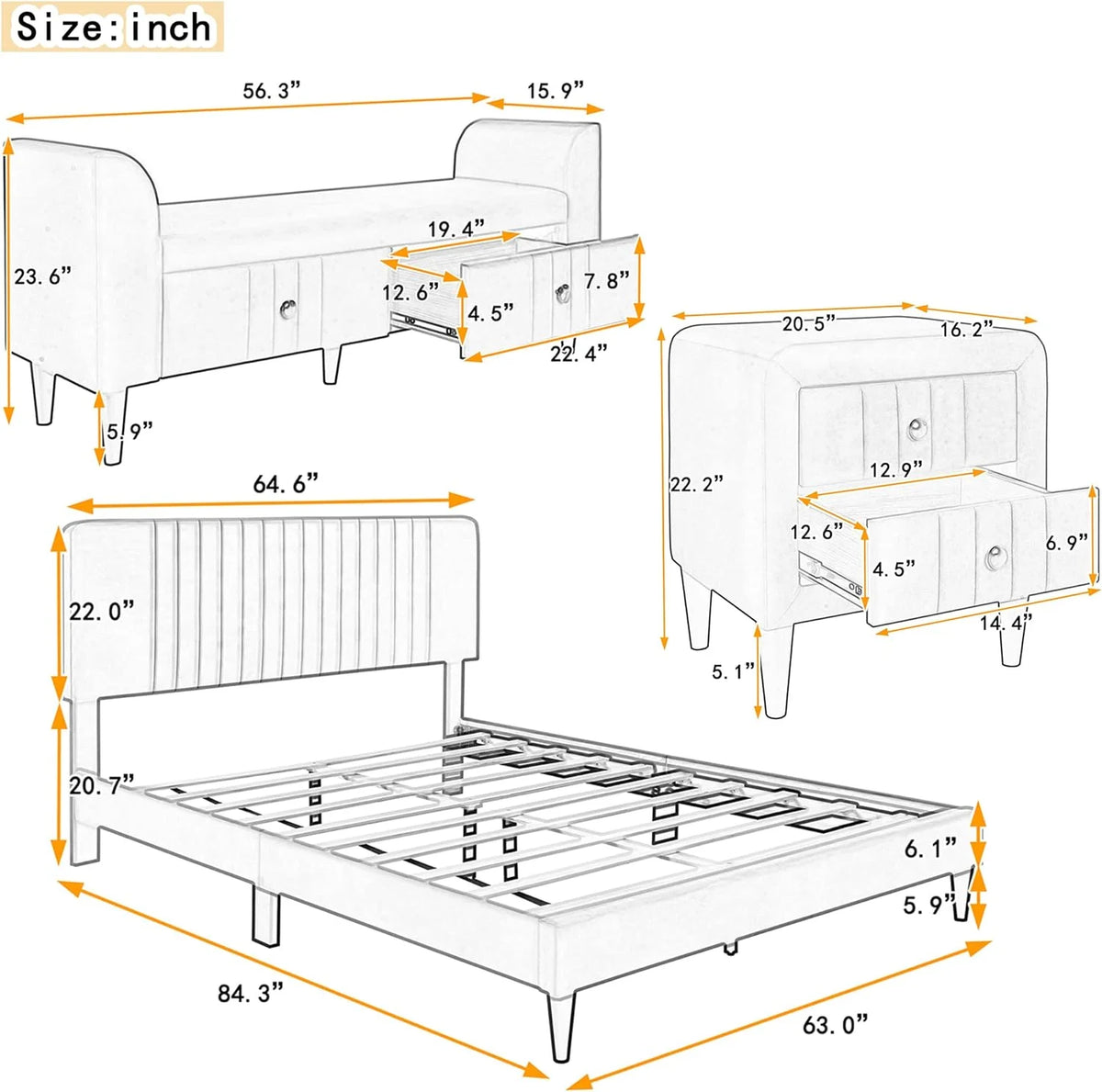 Queen Size Upholstered Platform Bed with Storage Bench A900