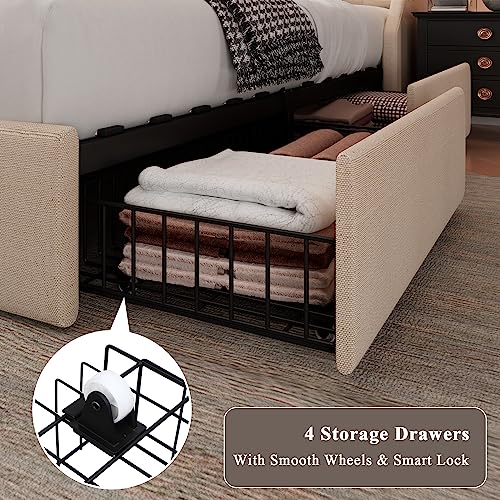 Light Grey Upholstered Full Size Bed Frame with 4 Storage Drawers R1073