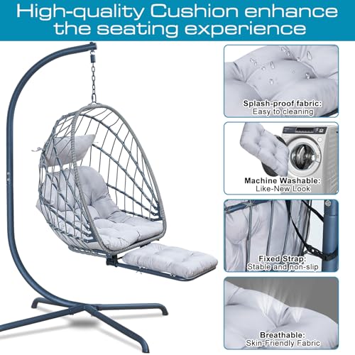 Hanging Egg Chair with Stand and Leg Rest Rattan Wicker Swing Hammock Chair D77486