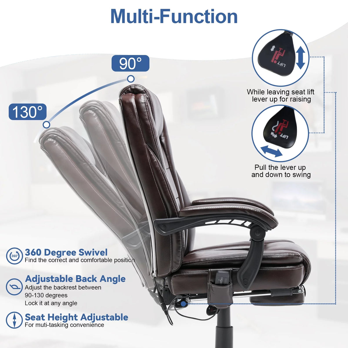 Brown PU Leather Ergonomic High Back Office Chair with Footrest K7665