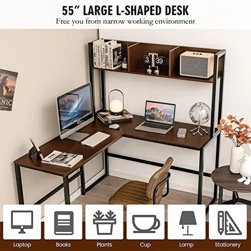 Reversible L-Shaped Corner Computer Desk with Hutch P912511
