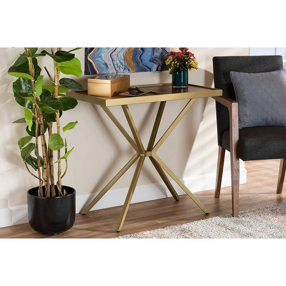 Walnut Finished Wood and Gold Finished Metal Console Table P7080