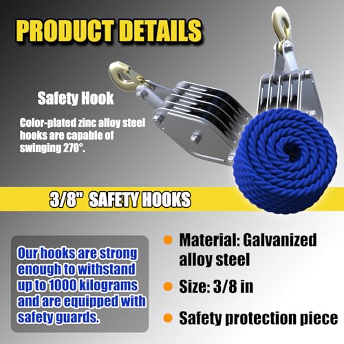 Heavy Duty 4400LBS Pulley Hoist with 65 Ft Rope Y888