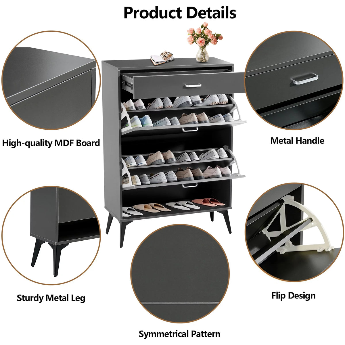 Gray 2 Flip Drawers Shoe Cabinet F22340