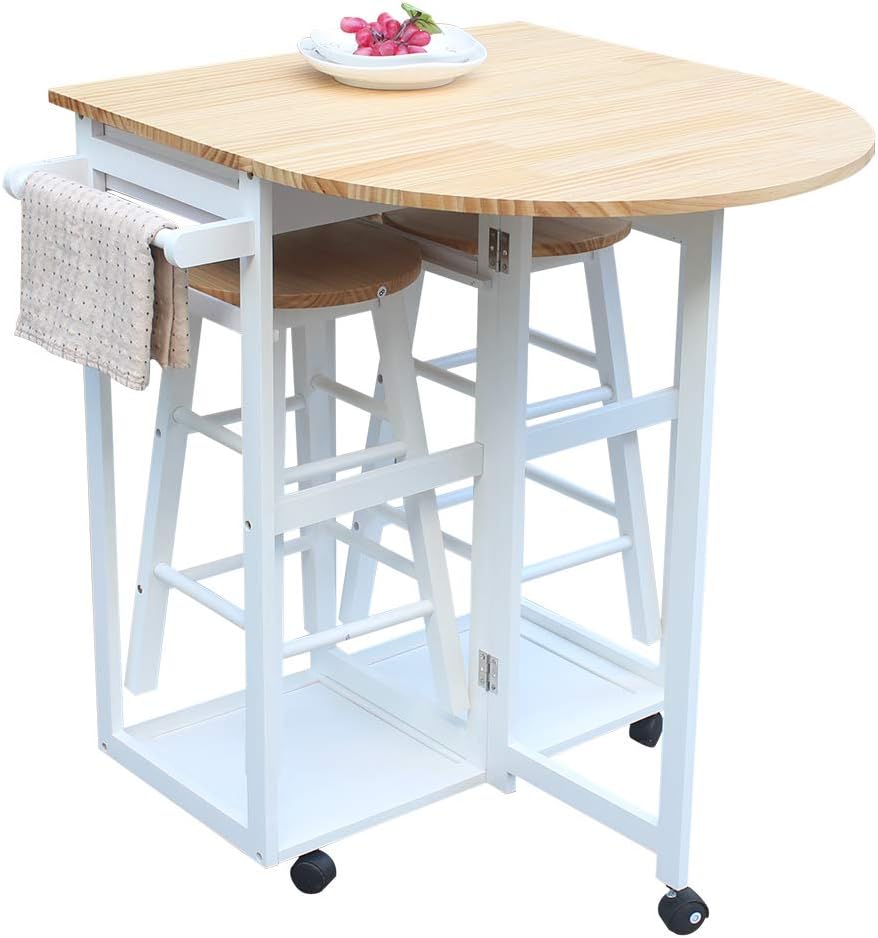 Foldable Kitchen Island Trolley Cart with 2 Stools and 2 Drawers V960623
