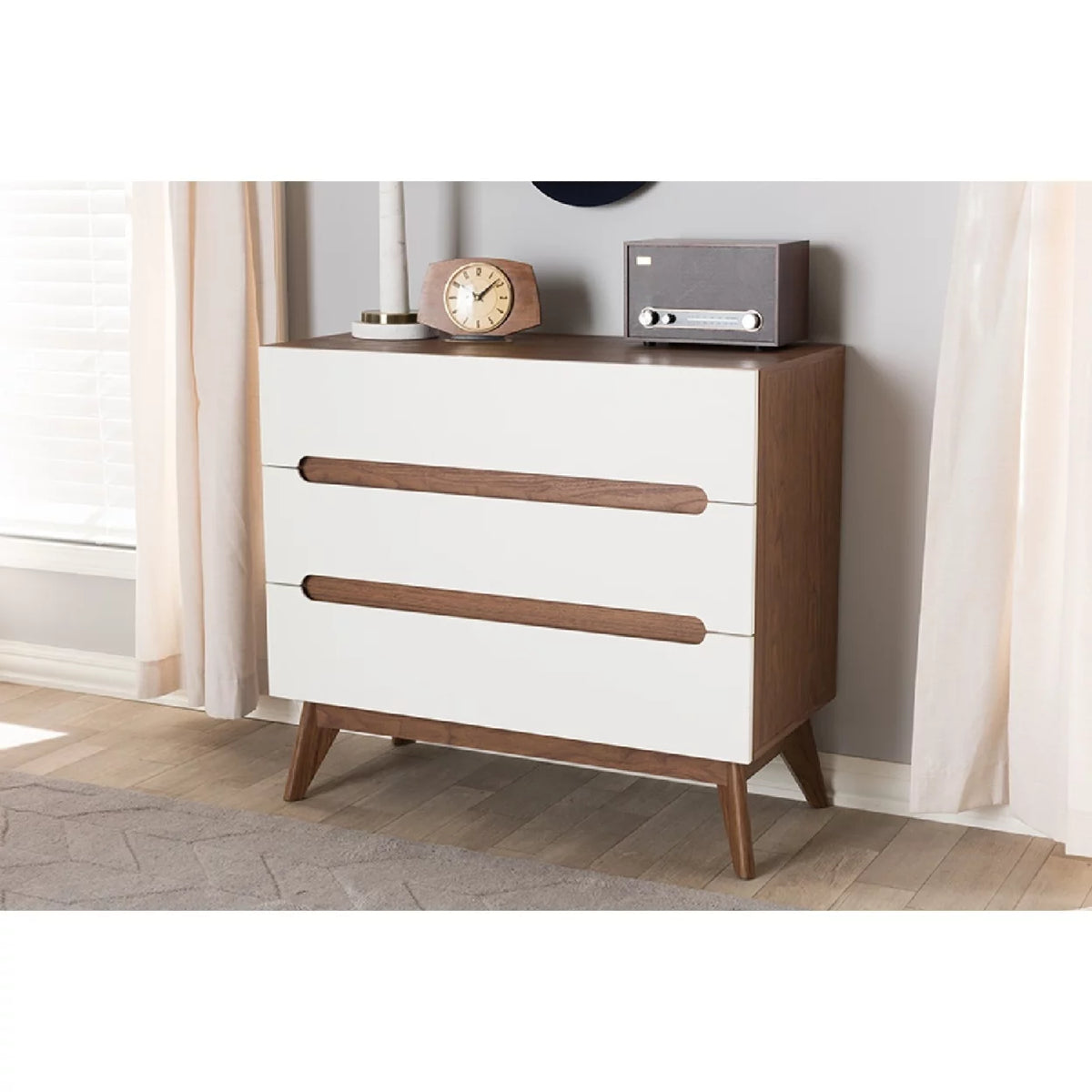 White and Walnut Wood 3-Drawer Storage Chest Y208314