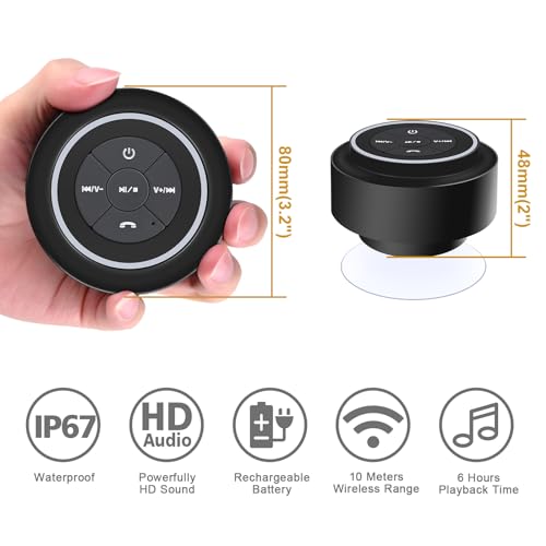 Bluetooth Shower Speaker with Suction Cup, IP67 Waterproof Speaker with LED Light B140077