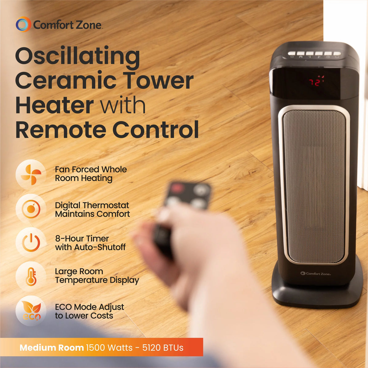 1500 Watt 29" Oscillating Digital Tower Heater with Remote, Adjustable Thermostat, Black K269
