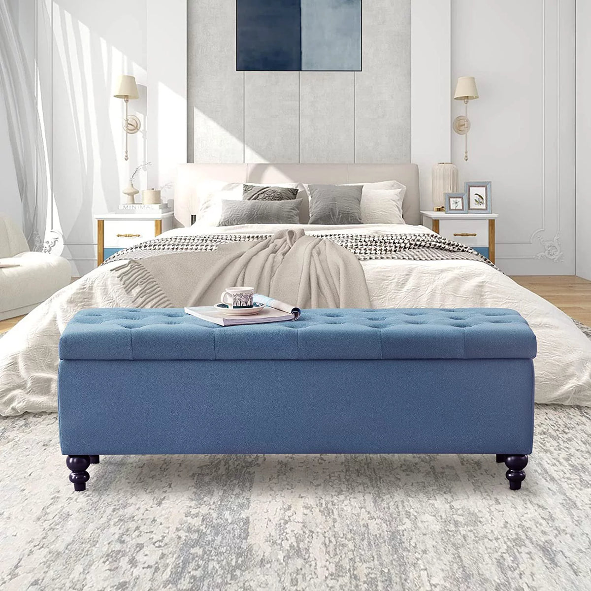 50.2" Blue Upholstered Storage Ottoman with Safety Hinge D3707