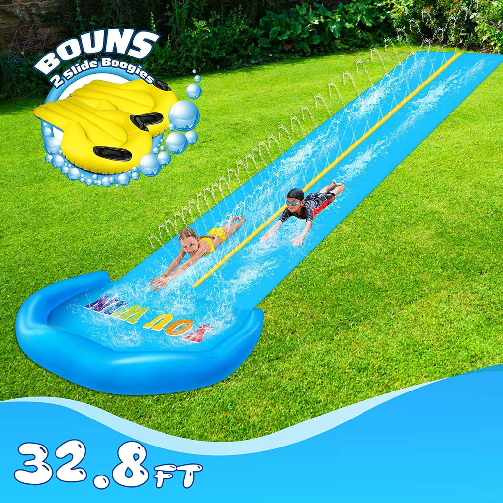 32.8FT Inflatable Water Slide with 2 Racing Lanes and 2 Bodyboards P46893