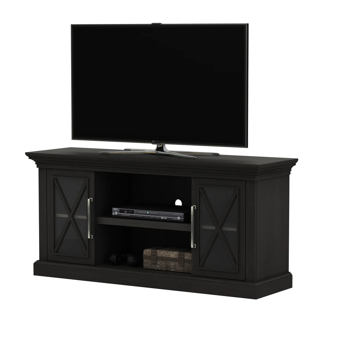 Black TV Stand with Two Side Cabinets and Open Shelves X628