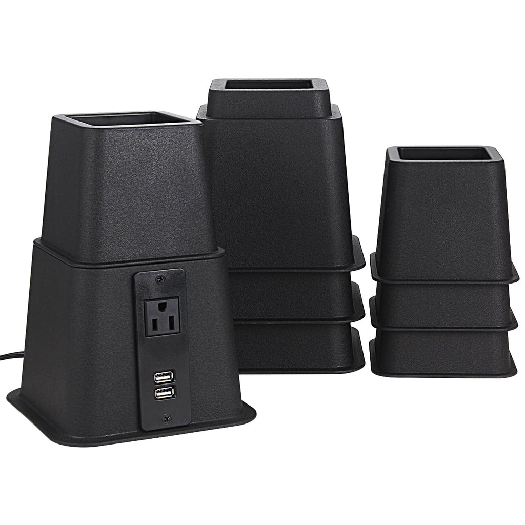 Black Adjustable Bed Riser with Power Outlet and USB Ports Set of 4 P69209