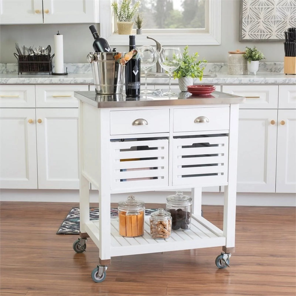 White Wood Stainless Steel Top Kitchen Cart L8859