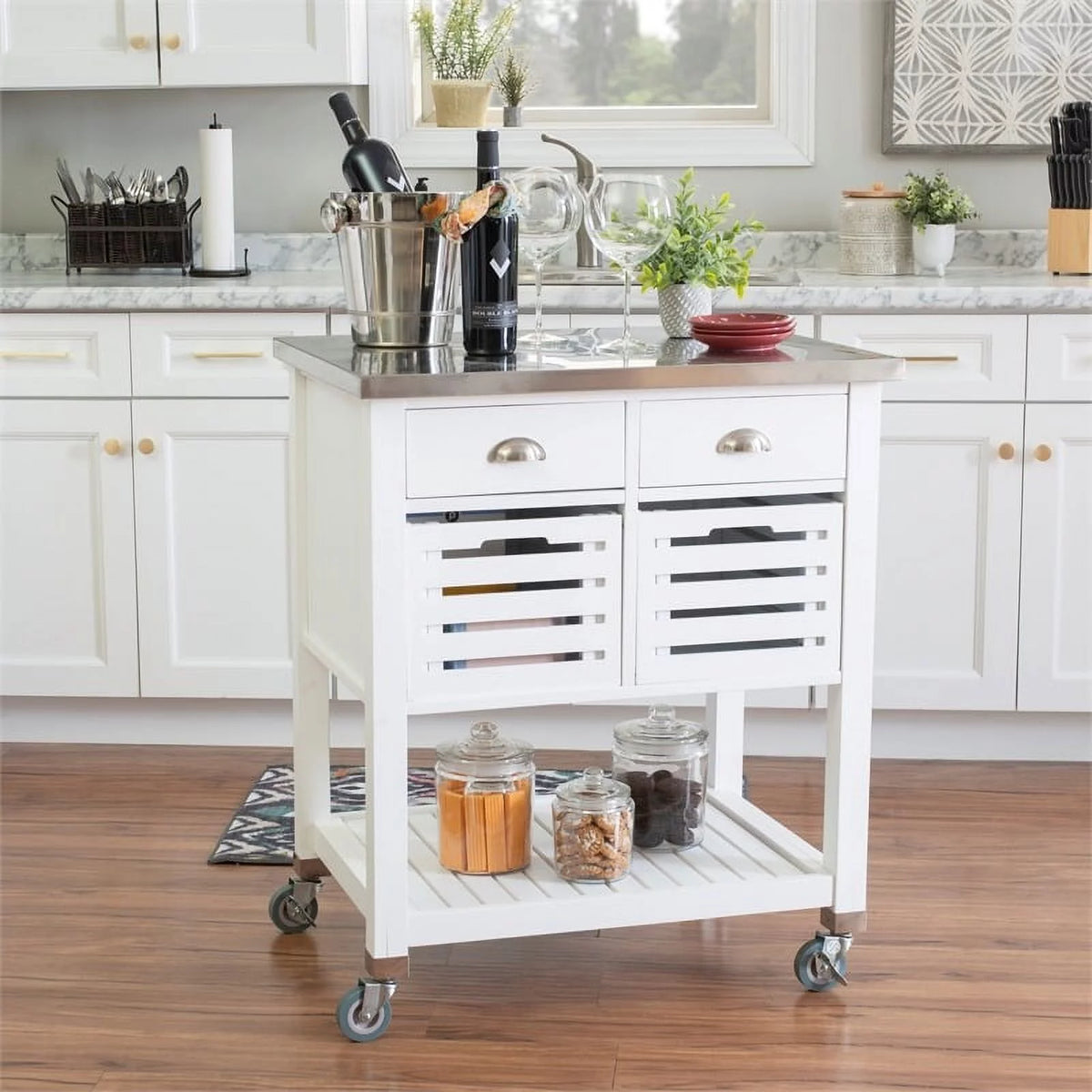 White Wood Stainless Steel Top Kitchen Cart L8859