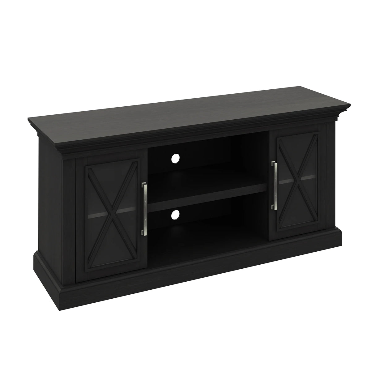 Black TV Stand with Two Side Cabinets and Open Shelves X628