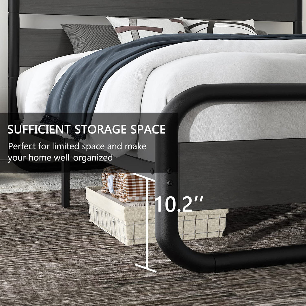Full Size Metal Platform Bed Frame with Wooden Headboard & Footboard, Black J380146