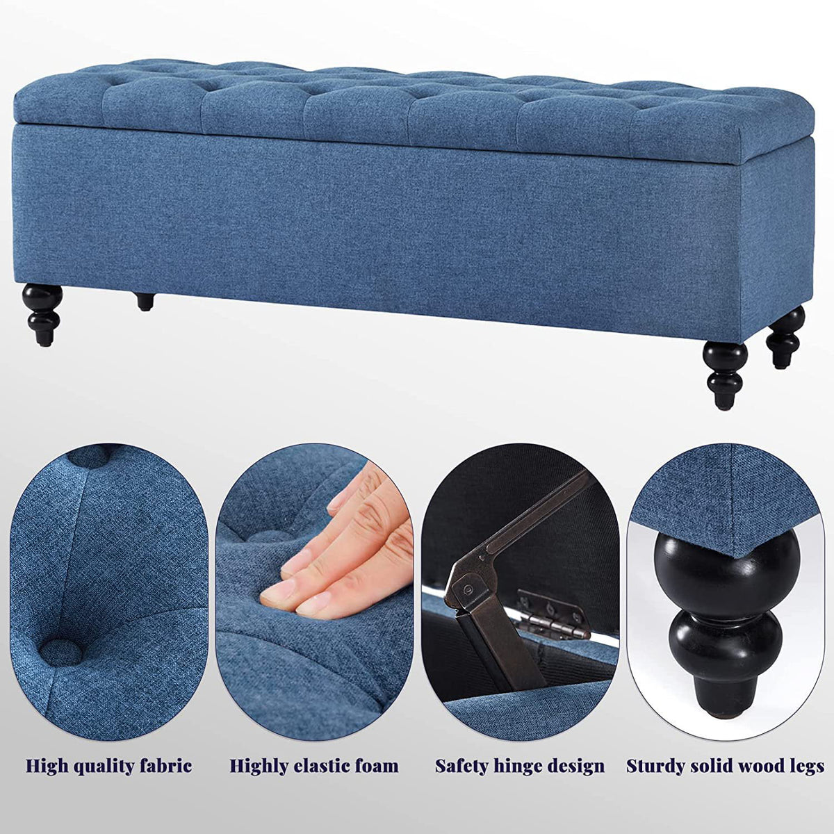 50.2" Blue Upholstered Storage Ottoman with Safety Hinge D3707