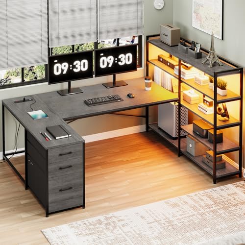 L Shaped Desk with Storage Shelves and 3 Fabric Drawers N963