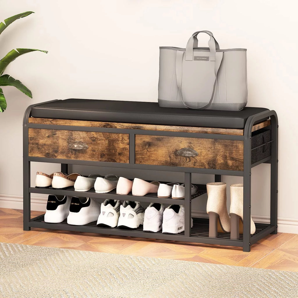 3 Tier Shoe Storage Bench with Padded Seating & Drawers C448640