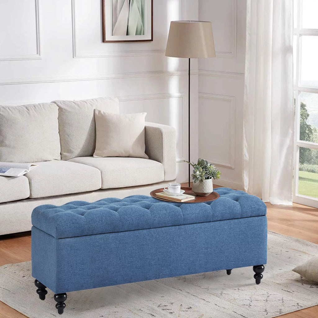 50.2" Blue Upholstered Storage Ottoman with Safety Hinge D3707