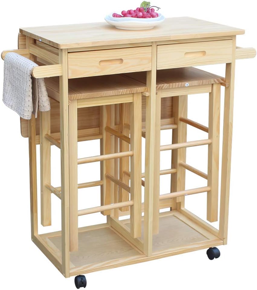 Foldable Kitchen Island Trolley Cart with 2 Stools and 2 Drawers V960623