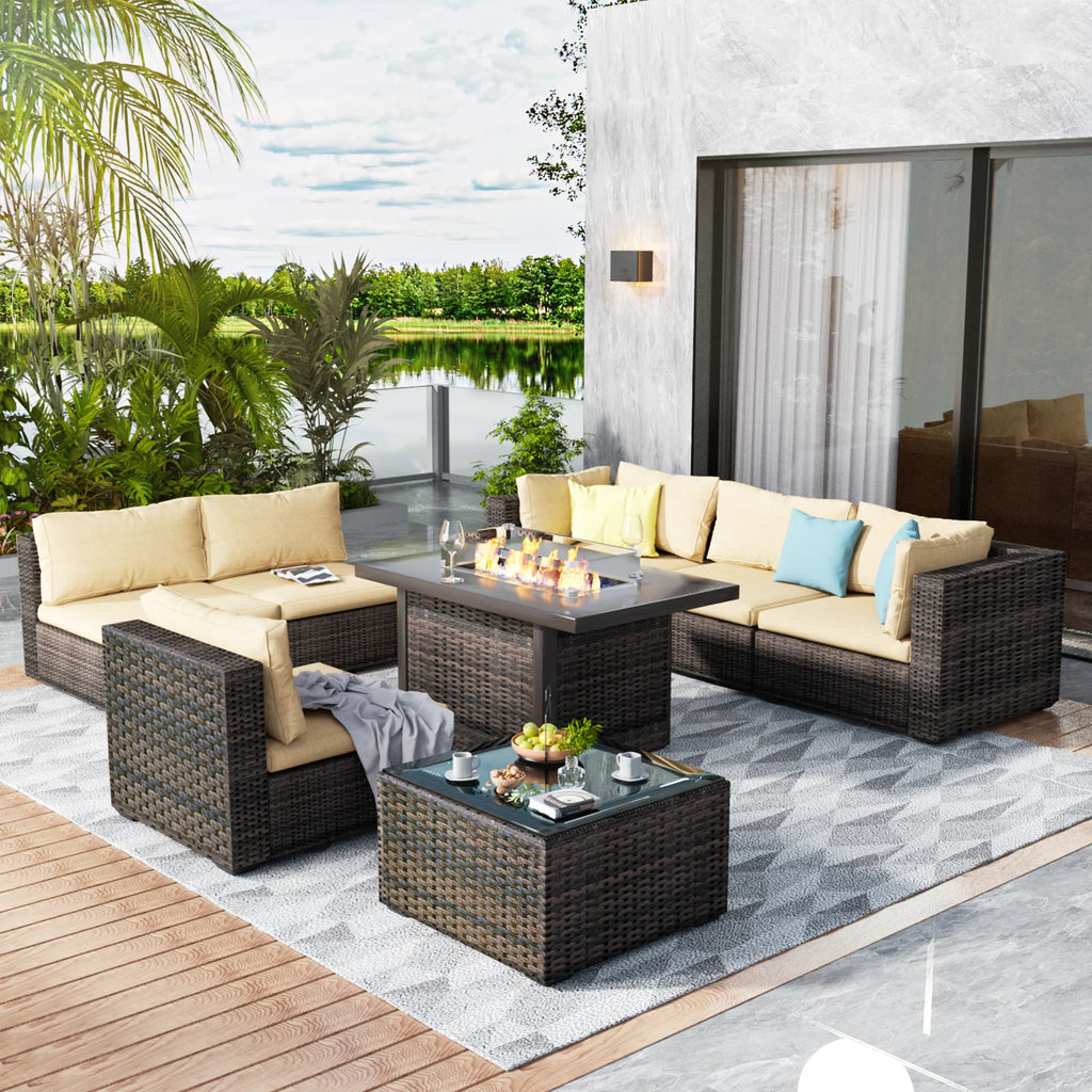 8 Pieces All Weather Wicker Sectional Sofa Set with Black-Glass Table R471