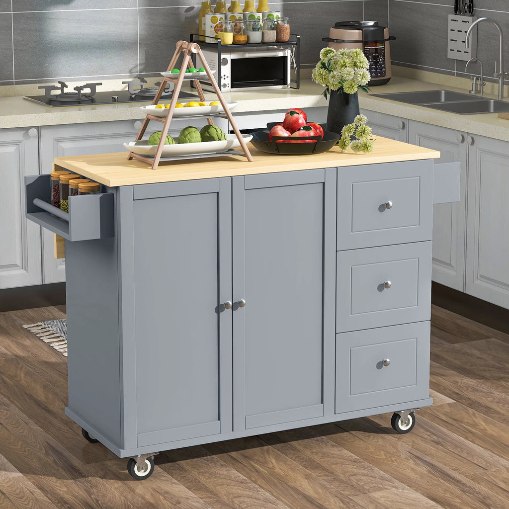Rolling Mobile Kitchen Island with Storage Cabinet and Drop Breakfast Bar C393