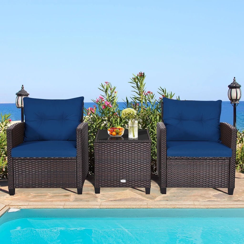 3 Pieces Wicker Cushioned Conversation Set with Turquoise Cushions X76580