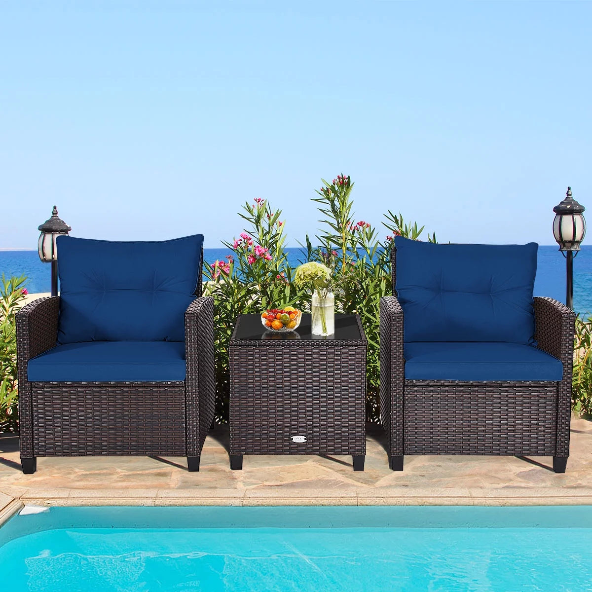 3 Pieces Wicker Cushioned Conversation Set with Turquoise Cushions X76580