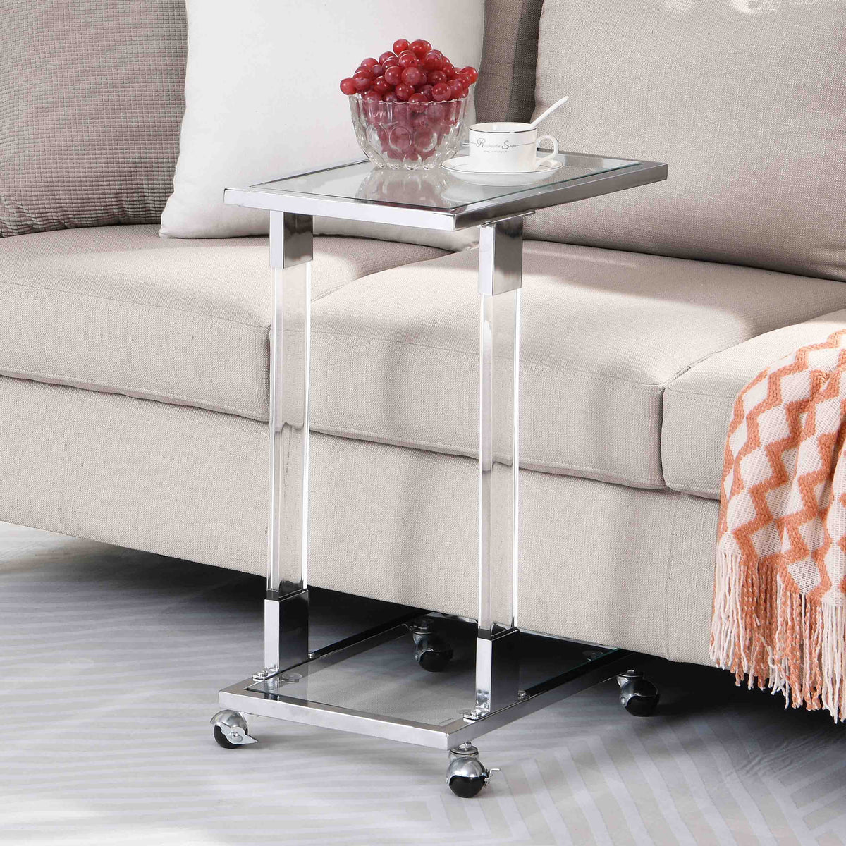 Chrome Glass C Shape Square Side Table with Metal Base E424